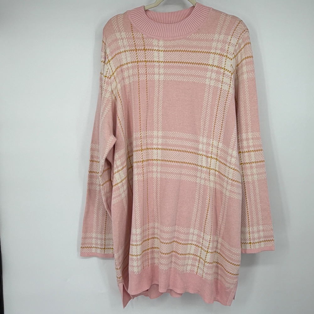 Isaac Mizrahi Live Pink Plaid Long Sleeve Tunic Sweater Size 3XL